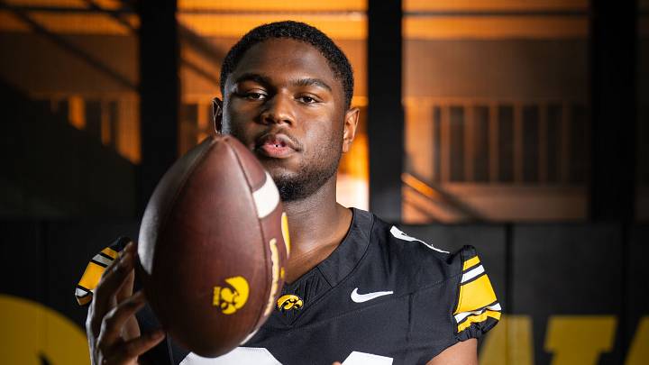 Iowa defensive end Iowa Joseph Anderson (84) stands for a portrait during Hawkeye football media day, Friday, Aug. 14, 2026, in Iowa City.