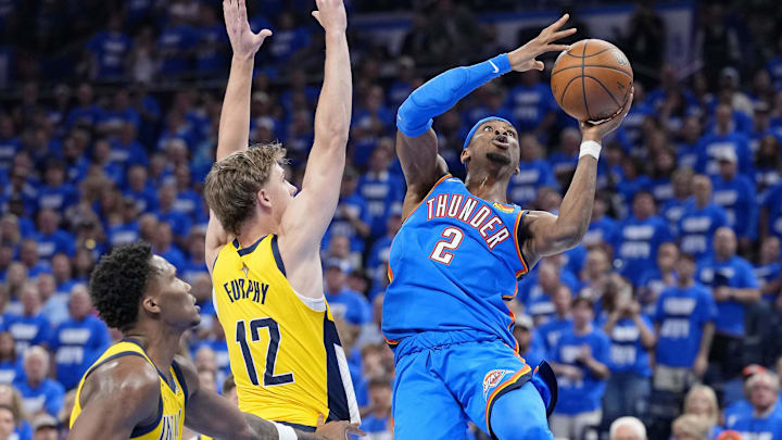 Jun 8, 2025; Oklahoma City, Oklahoma, USA: Oklahoma City Thunder guard Shai Gilgeous-Alexander (2) shoots the ball against Indiana Pacers forward Johnny Furphy (12) during the second half during game two of the 2025 NBA Finals at Paycom Center. Mandatory Credit: Kyle Terada-Imagn Images Jun 8, 2025; Oklahoma City, Oklahoma, USA: Oklahoma City Thunder guard Shai Gilgeous-Alexander (2) shoots the ball against Indiana Pacers forward Johnny Furphy (12) during the second half during game two of the 2025 NBA Finals at Paycom Center. Mandatory Credit: Kyle Terada-Imagn Images