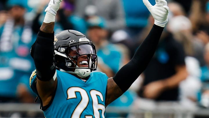 Jacksonville Jaguars safety Antonio Johnson (26) celebrates a third down stop during the first quarter in an NFL football matchup at EverBank Stadium, Sunday, Jan. 4, 2026, in Jacksonville, Fla. [Doug Engle/Florida Times-Union]