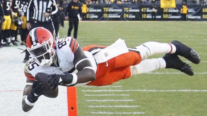 Dec 8, 2024; Pittsburgh, Pennsylvania, USA;  Cleveland Browns tight end David Njoku (85) dives into the end-zone to score a touchdown against the Pittsburgh Steelers during the fourth quarter at Acrisure Stadium. Mandatory Credit: Charles LeClaire-Imagn Images