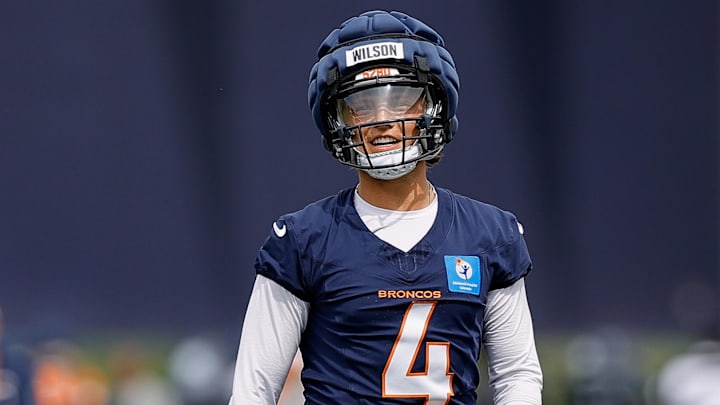 Denver Broncos quarterback Zach Wilson (4) during training camp at Broncos Park Powered by CommonSpirit last summer.