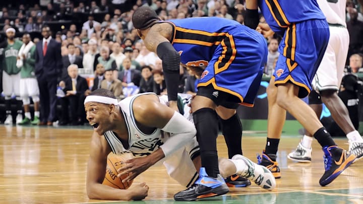 Boston Celtics small forward Paul Pierce calls a time out during the fourth quarter against the New York Knicks.