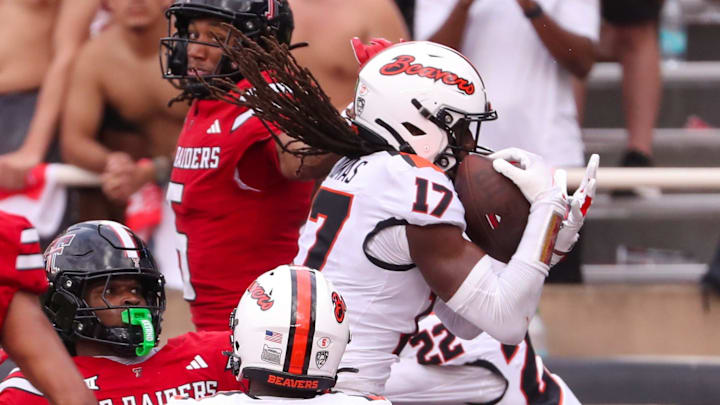 Oregon State's Skyler Thomas intercepts a pass against Texas Tech during a non-conference football game, Saturday, Sept. 13, 2025, at Jones AT&T Stadium.