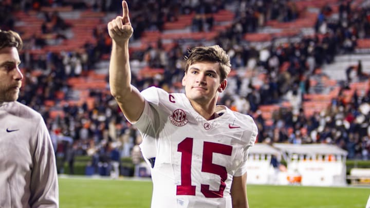 Alabama quarterback Ty Simpson celebrates after Iron Bowl win over Auburn Alabama quarterback Ty Simpson celebrates after Iron Bowl win over Auburn