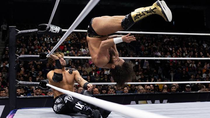 Juice Robinson flips onto Will Ospreay on the Nov. 30 episode of AEW Collision. Juice Robinson flips onto Will Ospreay on the Nov. 30 episode of AEW Collision.