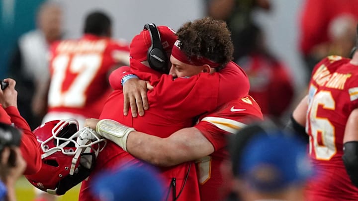 Feb 2, 2020; Miami Gardens, Florida, USA; Kansas City Chiefs head coach Andy Reid and quarterback Patrick Mahomes (15) embrace during the end of the fourth quarter against the San Francisco 49ers in Super Bowl LIV at Hard Rock Stadium. Mandatory Credit: Kyle Terada-Imagn Images Feb 2, 2020; Miami Gardens, Florida, USA; Kansas City Chiefs head coach Andy Reid and quarterback Patrick Mahomes (15) embrace during the end of the fourth quarter against the San Francisco 49ers in Super Bowl LIV at Hard Rock Stadium. Mandatory Credit: Kyle Terada-Imagn Images