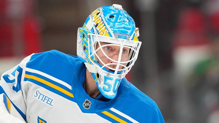 Mar 12, 2026; Raleigh, North Carolina, USA;  St. Louis Blues goaltender Jordan Binnington (50) looks on during the warmups before the game against the Carolina Hurricanes at Lenovo Center. Mandatory Credit: James Guillory-Imagn Images