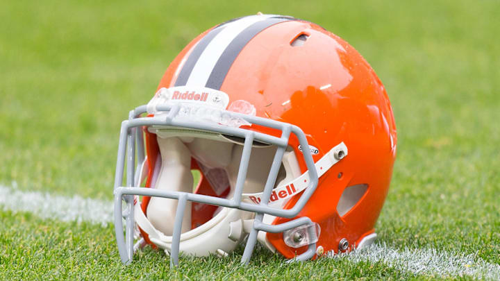 Oct 20, 2013; Green Bay, WI, USA; A Cleveland Browns helmet sits on the field during warmups prior to the game against the Green Bay Packers at Lambeau Field.  Green Bay won 31-13.  Mandatory Credit: Jeff Hanisch-Imagn Images