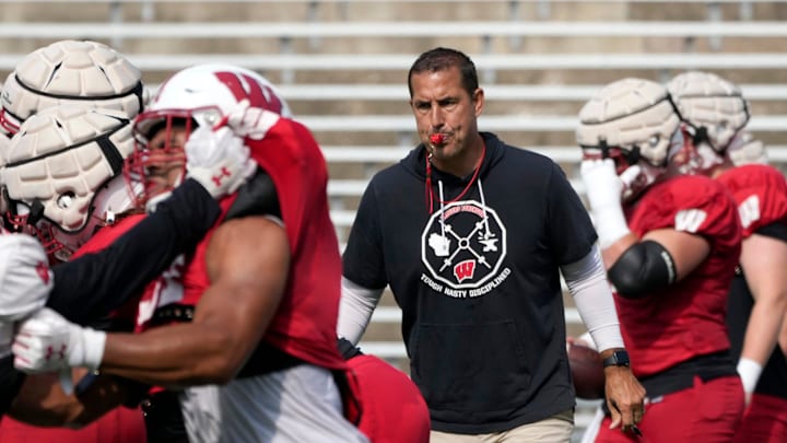 Wisconsin Badgers head coach Luke Fickell watches a drill during fall training camp at Camp Randall Stadium in Madison on Thursday, Aug. 10, 2023. 
