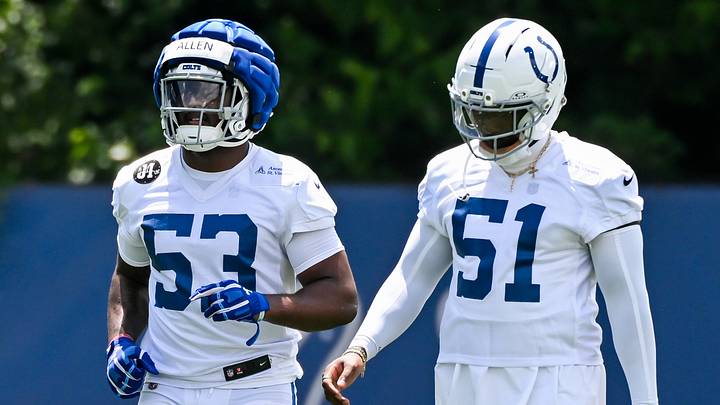 Indianapolis Colts linebacker CJ Allen (53) and Indianapolis Colts linebacker Akeem Davis-Gaither (51) participate in a drill during minicamp at Indiana Farm Bureau Football Center. Indianapolis Colts linebacker CJ Allen (53) and Indianapolis Colts linebacker Akeem Davis-Gaither (51) participate in a drill during minicamp at Indiana Farm Bureau Football Center.