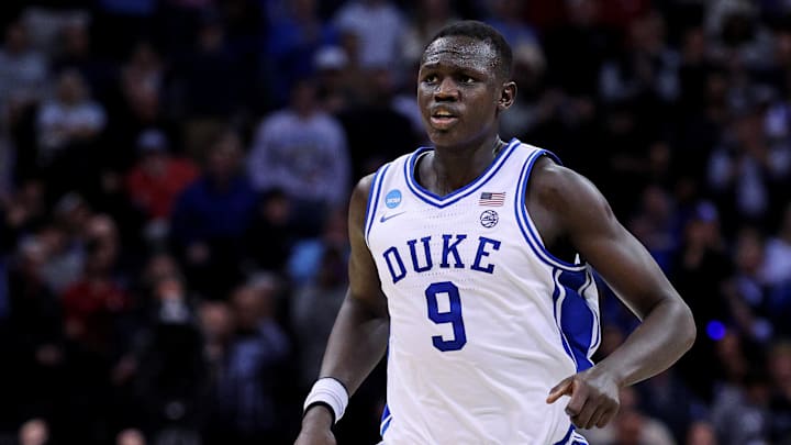 Mar 29, 2025; Newark, NJ, USA; Duke Blue Devils center Khaman Maluach (9) runs up court during the second half against the Alabama Crimson Tide in the East Regional final of the 2025 NCAA tournament at Prudential Center. Mandatory Credit: Vincent Carchietta-Imagn Images