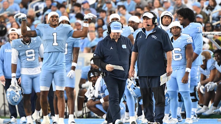 Nov 22, 2025; Chapel Hill, North Carolina, USA; North Carolina Tar Heels head coach Bill Belichick watches play during the first half against the Duke Blue Devils at Kenan Stadium. Mandatory Credit: William Howard-Imagn Images