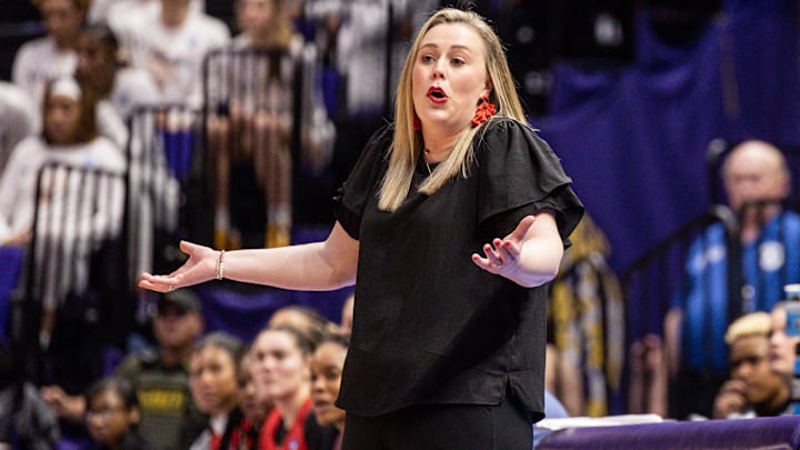 UNLV Lady Rebels head coach Lindy La Rocque reacts to a play against the Michigan Wolverines during the second half at Pete Maravich Assembly Center. Mandatory Credit: Stephen Lew-Imagn Images