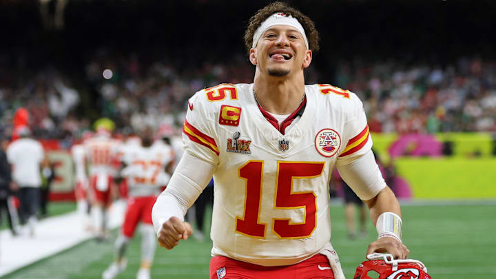 Kansas City Chiefs quarterback Patrick Mahomes (15) warms up before Super Bowl LIX between the Philadelphia Eagles and the Kansas City Chiefs at Caesars Superdome.