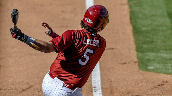 Mar 1, 2025; Greenville, South Carolina, USA; South Carolina Gamecocks Talmadge LeCroy (5) bats against the Clemson Tigers during the bottom of the sixth inning at Fluor Field. Mandatory Credit: Ken Ruinard/USA Today Network via Imagn Images