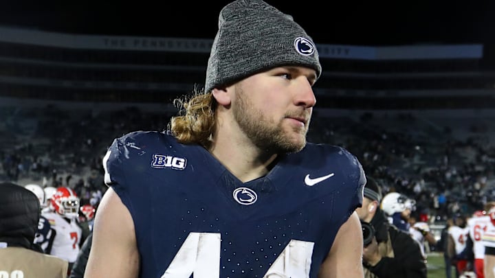 Nov 30, 2024; University Park, Pennsylvania, USA; Penn State Nittany Lions tight end Tyler Warren (44) stands on the field following a game against the Maryland Terrapins at Beaver Stadium. Penn State won 44-7. Mandatory Credit: Matthew O'Haren-Imagn Images Nov 30, 2024; University Park, Pennsylvania, USA; Penn State Nittany Lions tight end Tyler Warren (44) stands on the field following a game against the Maryland Terrapins at Beaver Stadium. Penn State won 44-7. Mandatory Credit: Matthew O'Haren-Imagn Images
