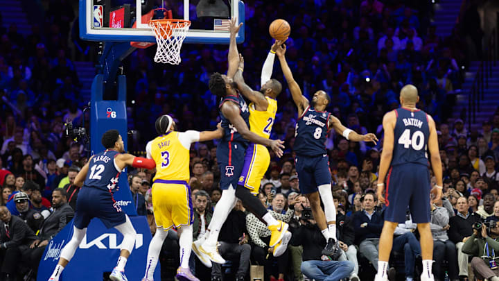 Nov 27, 2023; Philadelphia, Pennsylvania, USA; Philadelphia 76ers center Joel Embiid (21) and guard