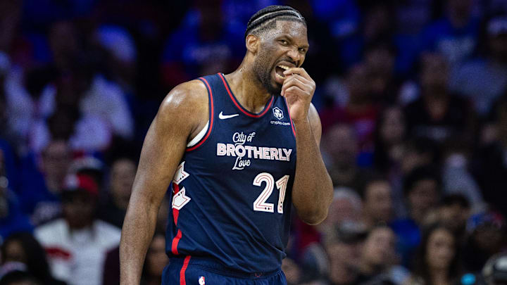 Apr 9, 2024; Philadelphia, Pennsylvania, USA; Philadelphia 76ers center Joel Embiid (21) reacts