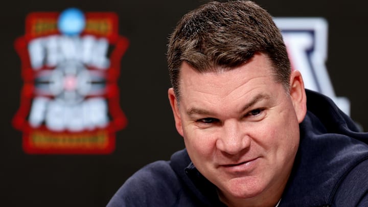 Apr 3, 2026; Indianapolis, IN, USA; Arizona Wildcats head coach Tommy Lloyd speaks during a press conference ahead of the Final Four of the men's 2026 NCAA Tournament at Lucas Oil Stadium. Mandatory Credit: Trevor Ruszkowski-Imagn Images