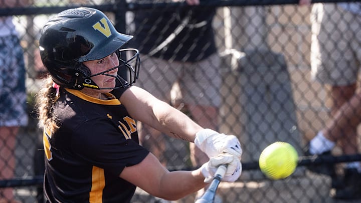SJV’s Brynn Utter hits a two run homer in the fourth inning to add to her team’s lead. St. John Vianney Girls Softball vs Red Bank Regional in Red Bank, NJ on April 30, 2025.