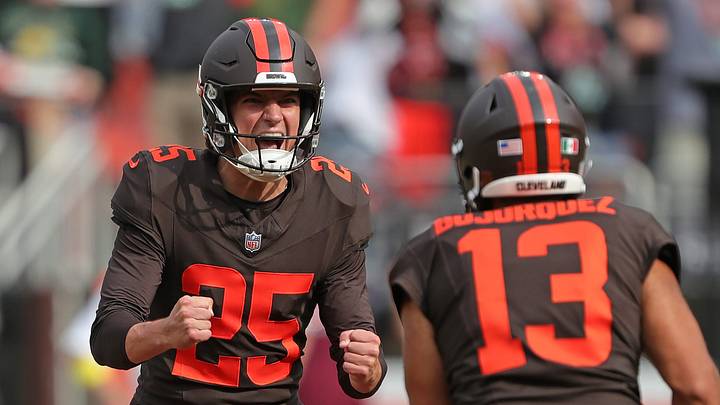 Cleveland Browns kicker Andre Szmyt celebrates with punter Corey Bojorquez.