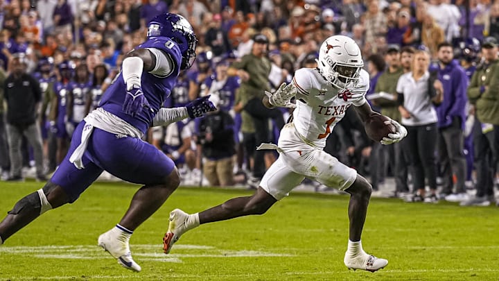 Xavier Worthy tears out on an end around. The fastest man in the combine, he ran 4.21 seconds for the 40. Xavier Worthy tears out on an end around. The fastest man in the combine, he ran 4.21 seconds for the 40.