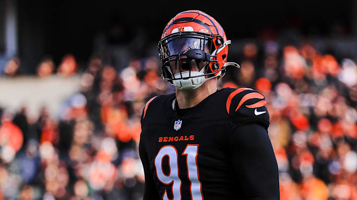 Dec 22, 2024; Cincinnati, Ohio, USA; Cincinnati Bengals defensive end Trey Hendrickson (91) runs onto the field before the game against the Cleveland Browns at Paycor Stadium. Mandatory Credit: Katie Stratman-Imagn Images