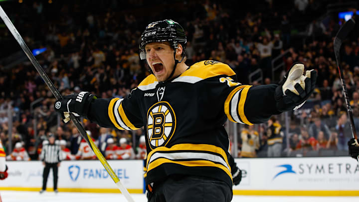 Hampus Lindholm celebrates against the Calgary Flames