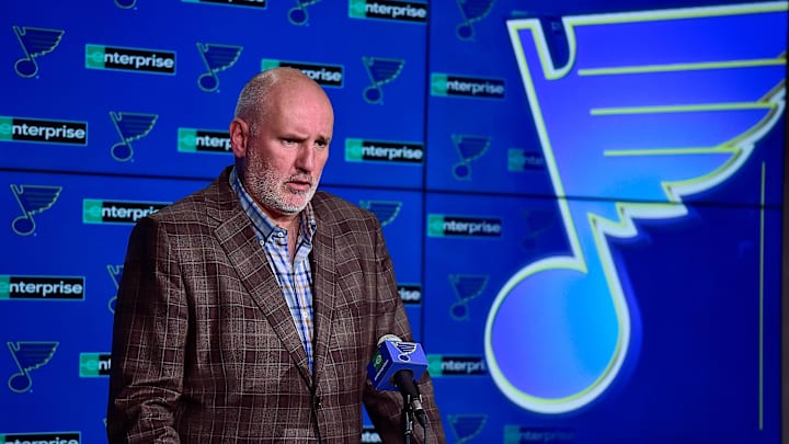 Feb 18, 2020; St. Louis, Missouri, USA;  St. Louis Blues general manager Doug Armstrong talks with the media about the acquisition of defenseman Marco Scandella from the Montreal Canadians prior to a game against the New Jersey Devils at Enterprise Center. Mandatory Credit: Jeff Curry-Imagn Images