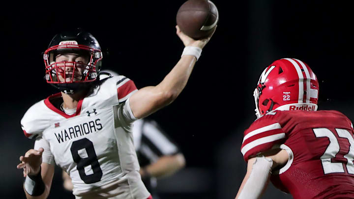 Muskego High School quarterback Joey Shaw (8) passes the ball versus Neenah in a non-conference game on Friday, August 22, 2025.