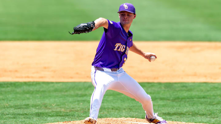 LSU pitcher Kade Anderson throws during an NCAA Super Regional game against West Virginia on June 7 at Alex Box Stadium.