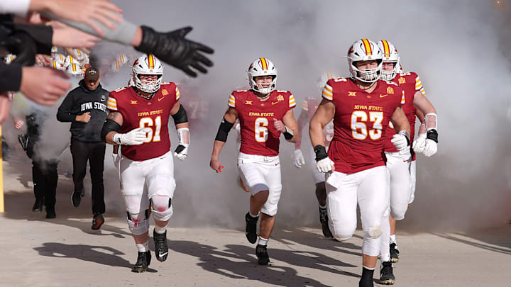 Iowa State football team enters the field before the game against Kansas in the senior day on Nov. 22, 2025, at Jack Trice Stadium in Ames, Iowa