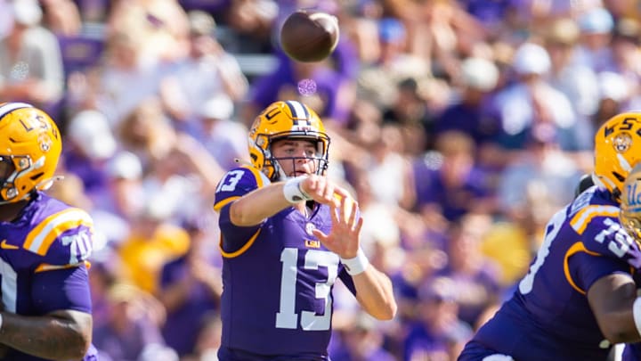 Tigers quarterback Garrett Nussmeier 13 as the LSU Tigers take on UCLA at Tiger Stadium in Baton Rouge, LA. Saturday, Sept. 21, 2024.