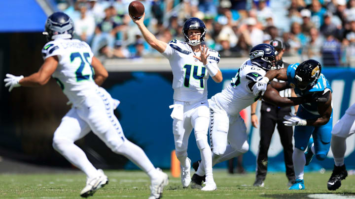 Seattle Seahawks quarterback Sam Darnold (14) throws the ball during the second quarter of an NFL football matchup, Sunday, Oct. 12, 2025, at EverBank Stadium in Jacksonville, Fla. The Seahawks defeated the Jaguars 20-12. 