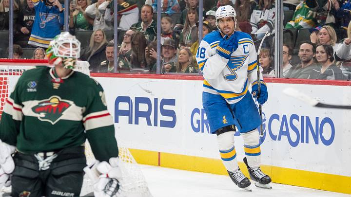 Oct 15, 2026; Saint Paul, Minnesota, USA; St. Louis Blues center Robert Thomas (18) celebrates after scoring on Minnesota Wild goaltender Jesper Wallstedt (30) in the third period at Grand Casino Arena. Mandatory Credit: Matt Blewett-Imagn Images Oct 15, 2026; Saint Paul, Minnesota, USA; St. Louis Blues center Robert Thomas (18) celebrates after scoring on Minnesota Wild goaltender Jesper Wallstedt (30) in the third period at Grand Casino Arena. Mandatory Credit: Matt Blewett-Imagn Images
