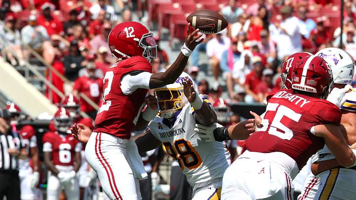 Sep 5, 2026; Tuscaloosa, Alabama, USA;  Alabama Crimson Tide quarterback Keelon Russell (12) throws the ball during the first quarter against the East Carolina Pirates at Saban Field at Bryant-Denny Stadium.  Mandatory Credit: David Leong-Imagn Images