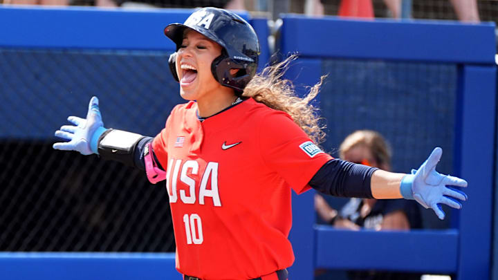 Team USA's Jayda Coleman celebrates a home run during the USA Softball All-Star Showcase at Devon Park. Team USA's Jayda Coleman celebrates a home run during the USA Softball All-Star Showcase at Devon Park.