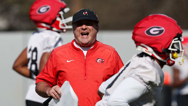 Georgia coach Kirby Smart yells during spring practice in Athens, Ga., on Thursday, March 14, 2024.