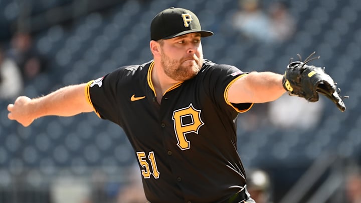 Sep 7, 2024; Pittsburgh, Pennsylvania, USA;  Pittsburgh Pirates pitcher David Bednar (51) throws to the Washington Nationals at PNC Park. Mandatory Credit: Philip G. Pavely-Imagn Images