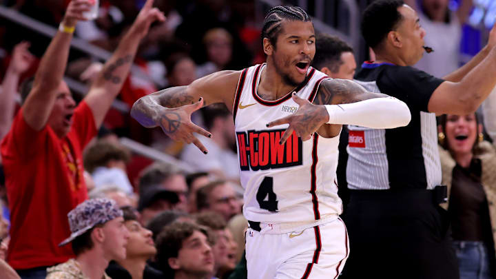Apr 4, 2025; Houston, Texas, USA; Houston Rockets guard Jalen Green (4) reacts after a made basket against the Oklahoma City Thunder during the fourth quarter at Toyota Center. Mandatory Credit: Erik Williams-Imagn Images Apr 4, 2025; Houston, Texas, USA; Houston Rockets guard Jalen Green (4) reacts after a made basket against the Oklahoma City Thunder during the fourth quarter at Toyota Center. Mandatory Credit: Erik Williams-Imagn Images
