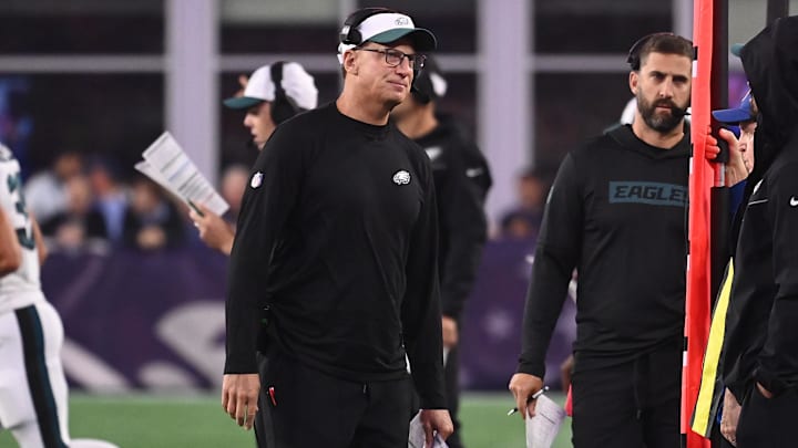 Aug 15, 2024; Foxborough, MA, USA; Philadelphia Eagles quarterbacks coach Doug Nussmeier works on the sideline during the first half against the New England Patriots at Gillette Stadium. Mandatory Credit: Eric Canha-Imagn Images
