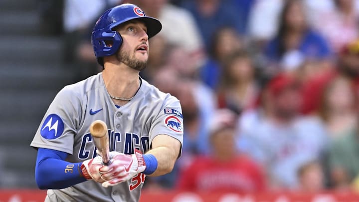 Chicago Cubs outfielder Kyle Tucker (30) hits a two-run home run against the Los Angeles Angels during the third inning at Angel Stadium.