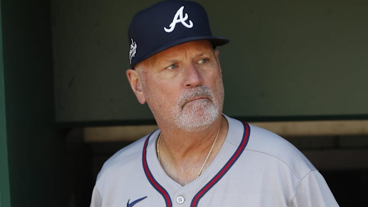 Atlanta Braves manager Brian Snitker (43) enters the dugout to manage against the Pittsburgh Pirates at PNC Park.