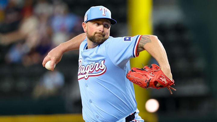 Jul 21, 2024; Arlington, Texas, USA;  Texas Rangers relief pitcher Kirby Yates (39) throws during the ninth inning against the Baltimore Orioles at Globe Life Field. Mandatory Credit: Kevin Jairaj-Imagn Images