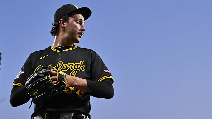 Pittsburgh Pirates starting pitcher Paul Skenes (30) walks off the field after the second inning against the St. Louis Cardinals at Busch Stadium. 