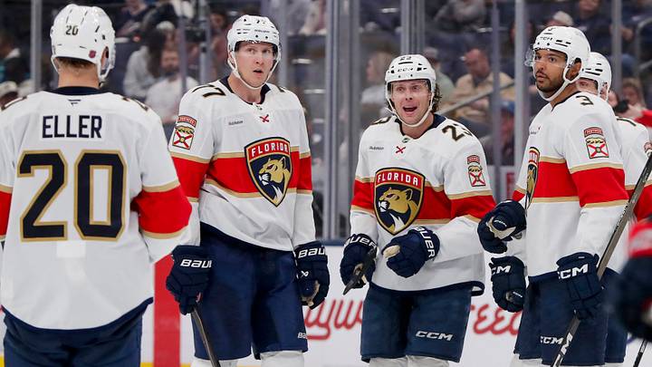 Florida Panthers center Carter Verhaeghe (23) celebrates his goal against the Columbus Blue Jackets during the third period at Nationwide Arena. Mandatory Credit: Russell LaBounty-Imagn Images Florida Panthers center Carter Verhaeghe (23) celebrates his goal against the Columbus Blue Jackets during the third period at Nationwide Arena. Mandatory Credit: Russell LaBounty-Imagn Images