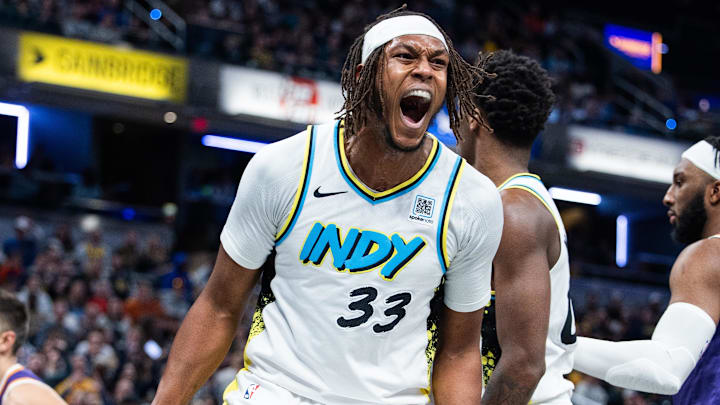 Jan 4, 2025; Indianapolis, Indiana, USA;  Indiana Pacers center Myles Turner (33) celebrates after a basket against the Phoenix Suns in the second half at Gainbridge Fieldhouse. Mandatory Credit: Trevor Ruszkowski-Imagn Images