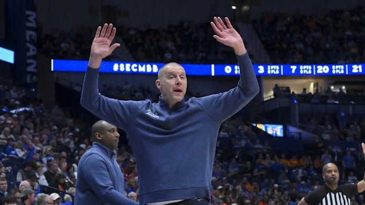 Mar 13, 2026; Nashville, TN, USA;  Kentucky Wildcats head coach Mark Pope reacts to a call against the Florida Gators during the first half at Bridgestone Arena. Mandatory Credit: Steve Roberts-Imagn Images