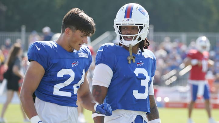 Bills defensive backs Cole Bishop and Damar Hamlin talk during Buffalo Bills training camp on Tuesday, July 29, 2025 in Pittsford, NY.