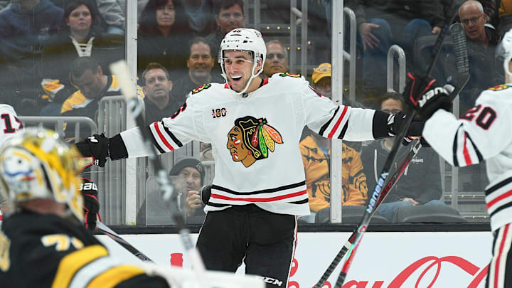 Oct 9, 2025; Boston, Massachusetts, USA; Chicago Blackhawks defenseman Louis Crevier (46) reacts after scoring a goal during the second period against the Boston Bruins at TD Garden. Mandatory Credit: Bob DeChiara-Imagn Images